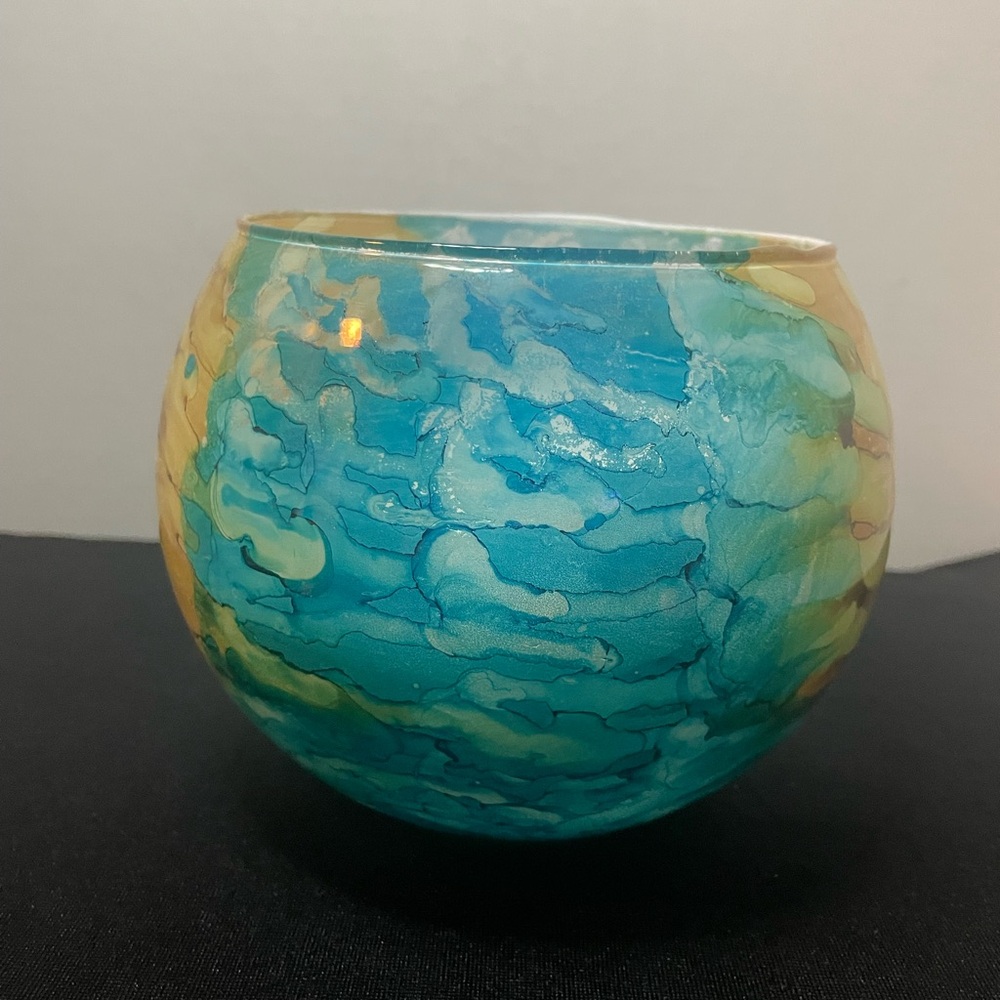 Round Glass Art Fishbowl Style Aqua Yellow Tan w/ Brown Highlights Vibrant Deco